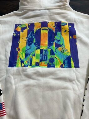 Hyper Space Beige NASA Graphic Print Fleece Pullover Hoodie Pockets NWT Large